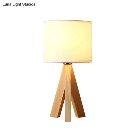 Modernistic Cylindrical Task Lamp - Fabric Shade White Reading Light With Wood Tripod 1 Bulb