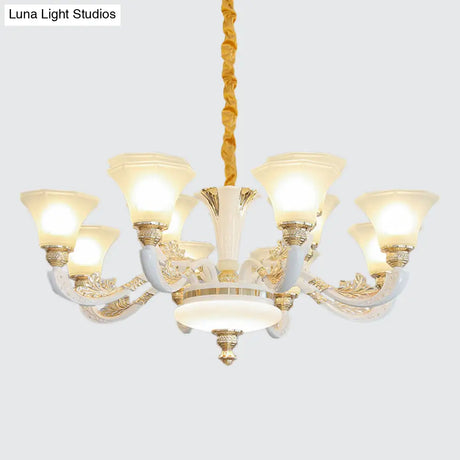 Morning Glory Chandelier - Classic 6/8/12 Light Opal Frosted Glass Pendant Lamp In White