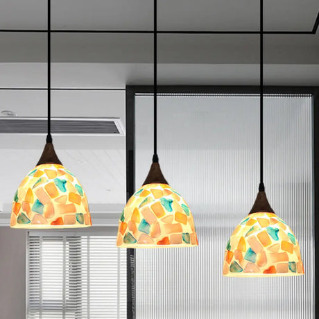 Mosaic Tile Shell Drop Tiffany-Style Pendant Lamp With Bell Shape Bronze Finish - 3 Bulbs