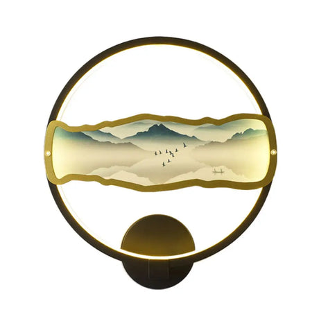 Mountain Patterned Led Wall Light In Asia Style - Black & Circular With Warm/White