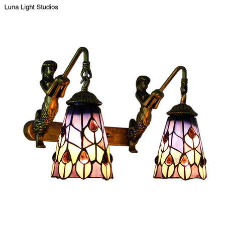 Multicolor Stained Glass Tiffany Flared Wall Mount Light - 2 Heads Hallway With Peacock Tail/Flower