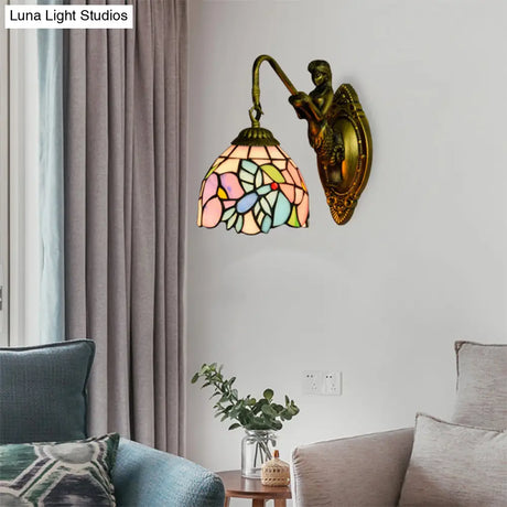 Multicolor Stained Glass Wall Sconce - Tiffany Style Blue-Pink Bowl Design