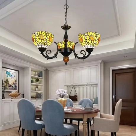 Multicolor Tiffany Style Chandelier For Dining Room: 6-Light Art Glass Pendant Ceiling Lamp With
