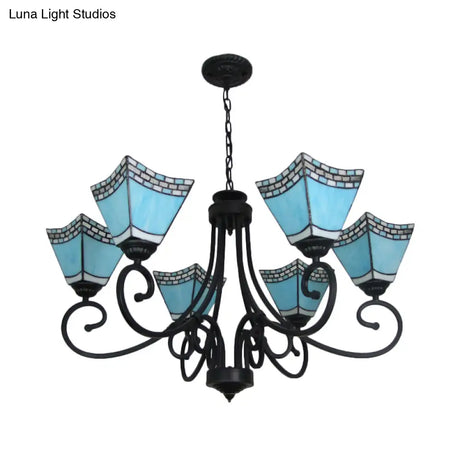 Nautical Cone Chandelier Lamp: Stained Glass Pendant Lighting In Sky Blue/Blue - 6 Lights