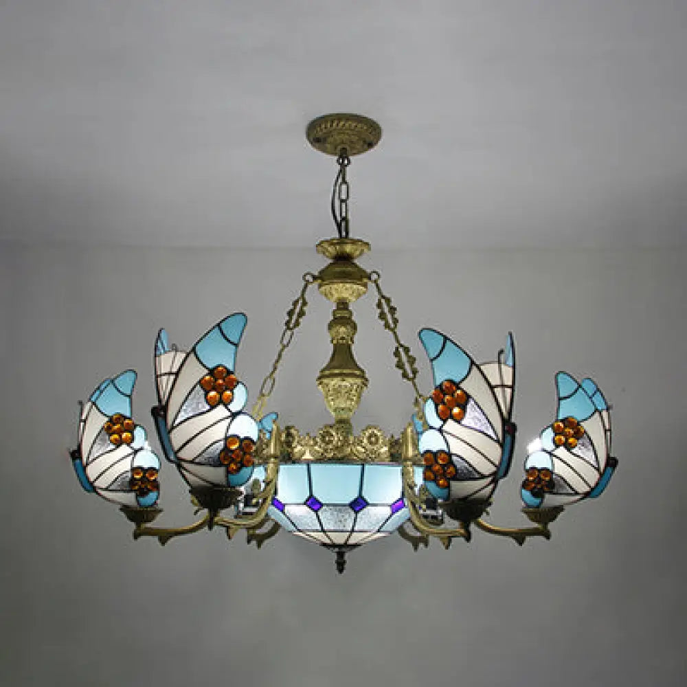 Nautical Lodge Chandelier With Blue Butterfly Glass - 7/9 Lights For Living Room 7 /