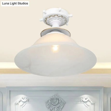 Nautical Opaline Glass Bell Ceiling Light In Black/White/Blue - 1 Bulb Semi Flush Mount Fixture For