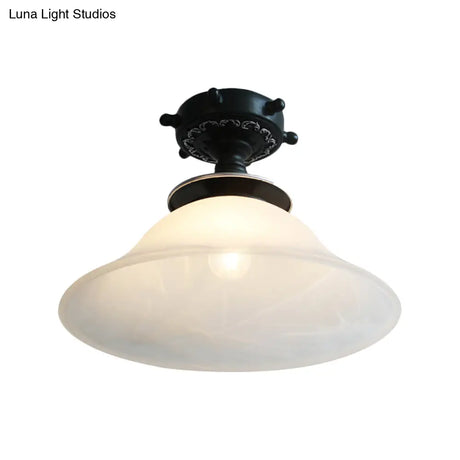 Nautical Opaline Glass Bell Ceiling Light In Black/White/Blue - 1 Bulb Semi Flush Mount Fixture For