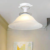 Nautical Opaline Glass Bell Ceiling Light In Black/White/Blue - 1 Bulb Semi Flush Mount Fixture For