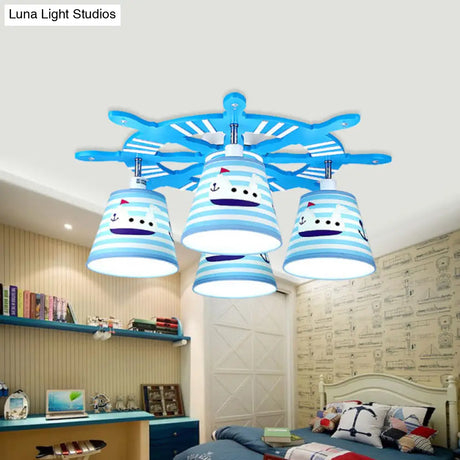 Nautical Semi - Flush Ceiling Light With 4 Wood Lights In Blue For Foyer