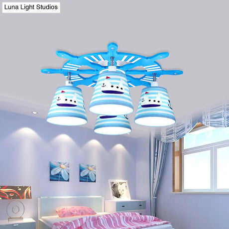 Nautical Semi - Flush Ceiling Light With 4 Wood Lights In Blue For Foyer
