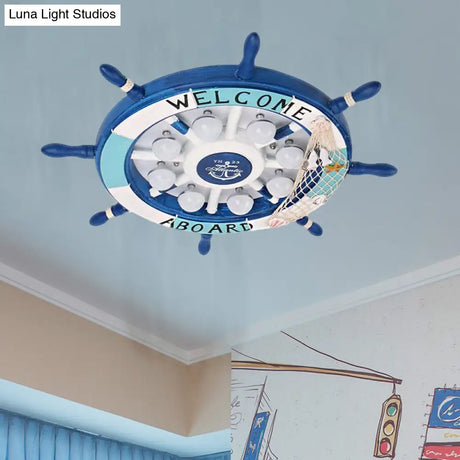 Nautical Style Flush Mount Light With Rudder Shape - 8 Lights Metal Ceiling Lamp For Nursing Room