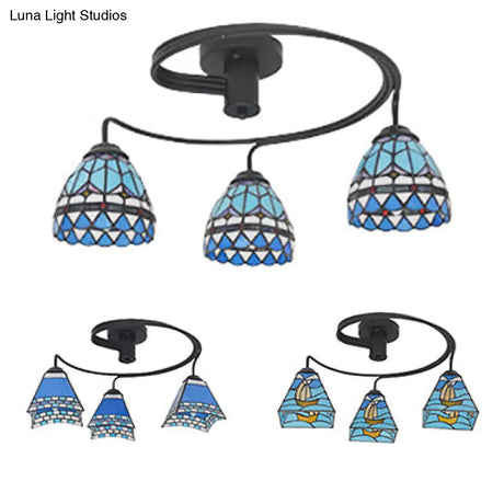 Nautical Style Semi Flush Light With Stained Glass Shade - Boat Mediterranean Baroque Design 3/5