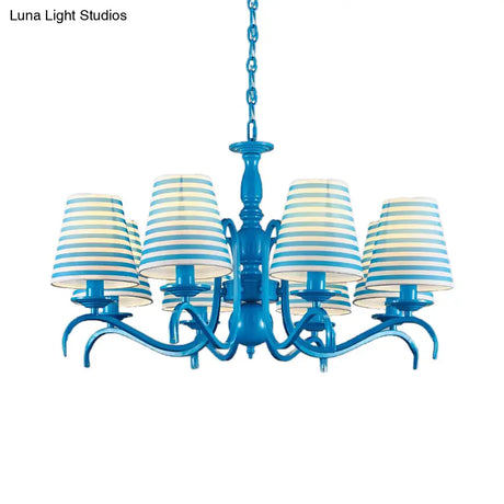 Nautical Suspension Chandelier - Tapered Metal Shade 10 Blue Heads Living Room Light
