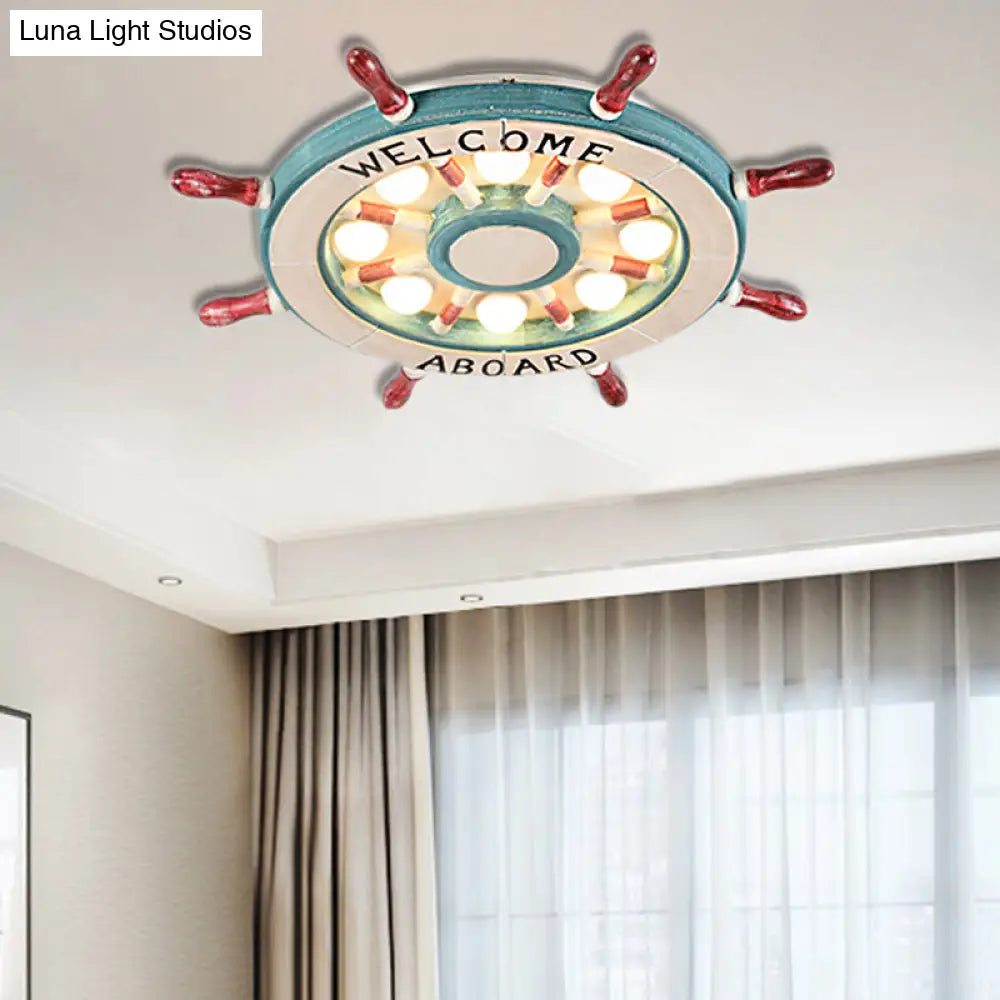 Nautical Wood Rudder Flushmount Ceiling Lamp - 8-Light Children’s Room Lighting In Green/Red With