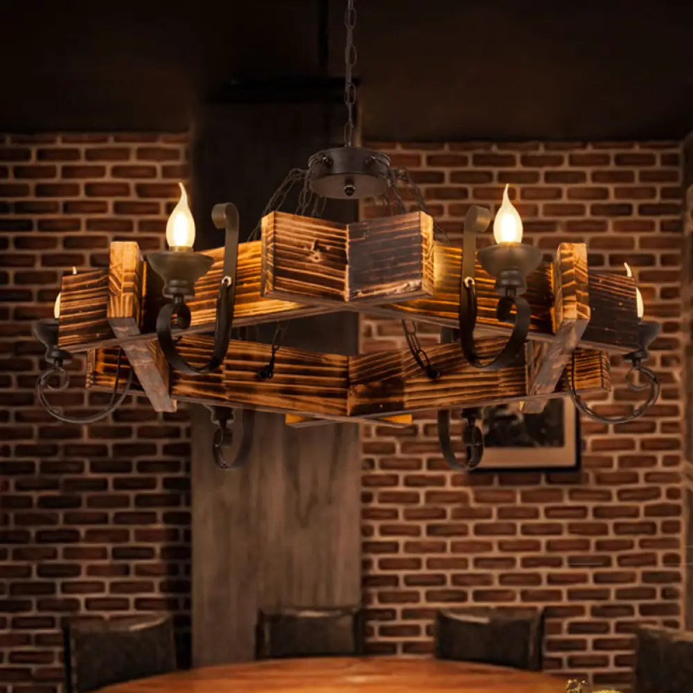 Nautical Wooden Hanging Light Fixture-Chandelier In Brown Triangular/Square Design 3/4/6-Head