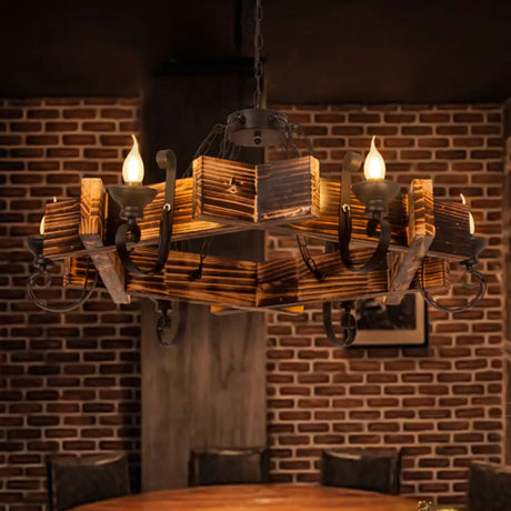 Nautical Wooden Hanging Light Fixture-Chandelier In Brown Triangular/Square Design 3/4/6-Head