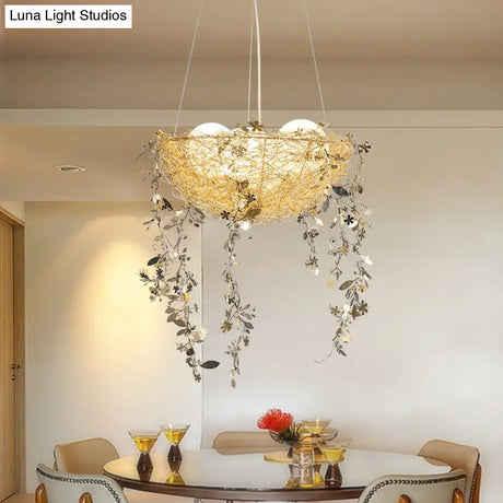 Nest Metal Chandelier Art Deco Ceiling Light With 4 Silver/Gold Lights And Milk Glass Globe Shade