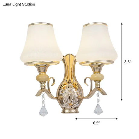 Nordic 2-Light Wall Sconce In Gold With Ribbed Glass Bell Shade: Elegant Living Room Lighting