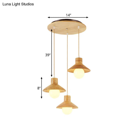 Nordic 3-Bulb Beige Flare Hanging Pendant Light With Natural Wood Finish For Dining Table