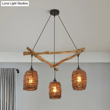 Nordic 3-Bulb Island Light Brown Branch Pendant With Wooden Shade - Perfect For Bedrooms