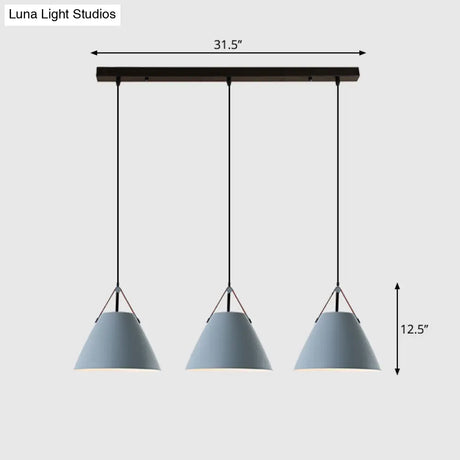 Nordic 3-Light Pendant Cluster With Conical Metal Shade & Leather Strap