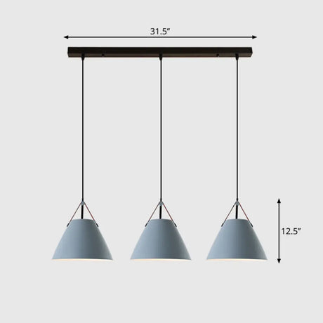 Nordic 3-Light Pendant Cluster With Conical Metal Shade & Leather Strap Grey / Linear