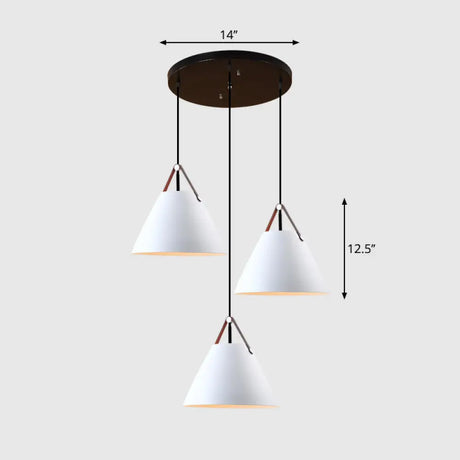 Nordic 3-Light Pendant Cluster With Conical Metal Shade & Leather Strap White / Round