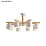 Nordic 6-Head Metal Ceiling Chandelier With Wood Arm In White/Green/Grey