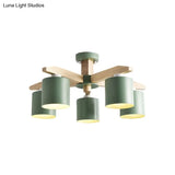 Nordic 6-Head Metal Ceiling Chandelier With Wood Arm In White/Green/Grey