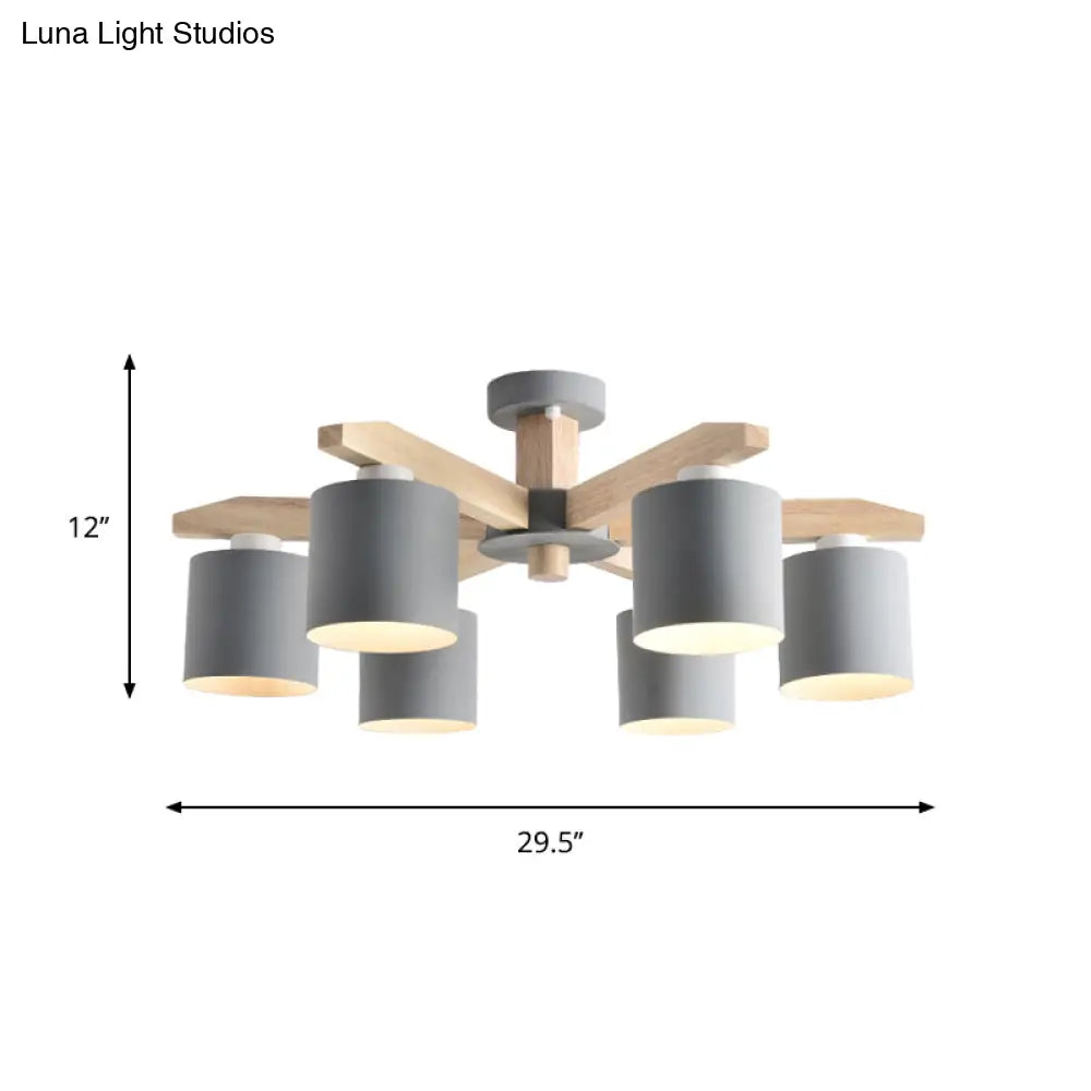 Nordic 6-Head Metal Ceiling Chandelier With Wood Arm In White/Green/Grey