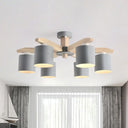 Nordic 6-Head Metal Ceiling Chandelier With Wood Arm In White/Green/Grey Grey