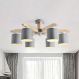 Nordic 6-Head Metal Ceiling Chandelier With Wood Arm In White/Green/Grey Grey