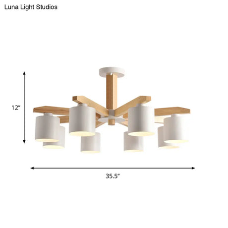 Nordic 6-Head Metal Ceiling Chandelier With Wood Arm In White/Green/Grey