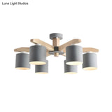 Nordic 6-Head Metal Ceiling Chandelier With Wood Arm In White/Green/Grey