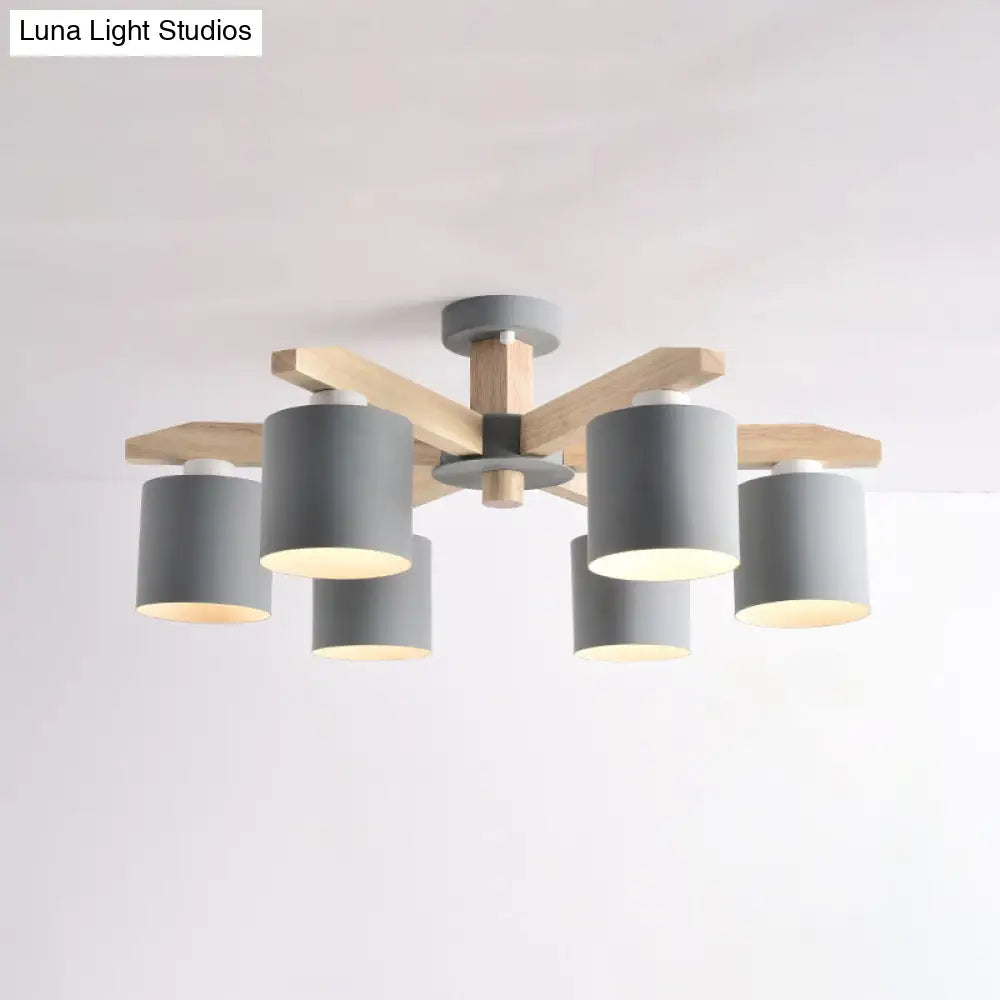 Nordic 6-Head Metal Ceiling Chandelier With Wood Arm In White/Green/Grey