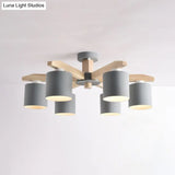Nordic 6-Head Metal Ceiling Chandelier With Wood Arm In White/Green/Grey