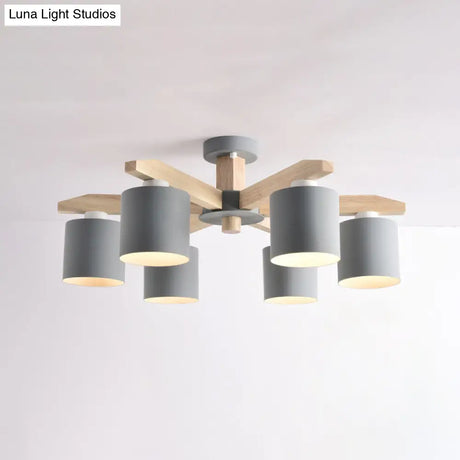 Nordic 6-Head Metal Ceiling Chandelier With Wood Arm In White/Green/Grey