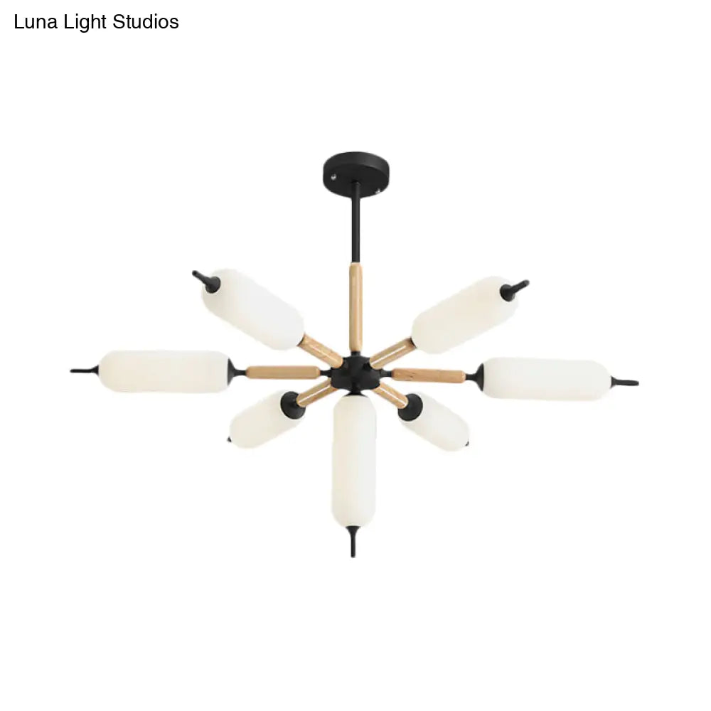 Nordic 7-Light Wooden Chandelier With Black Suspension And Matte Glass Shade