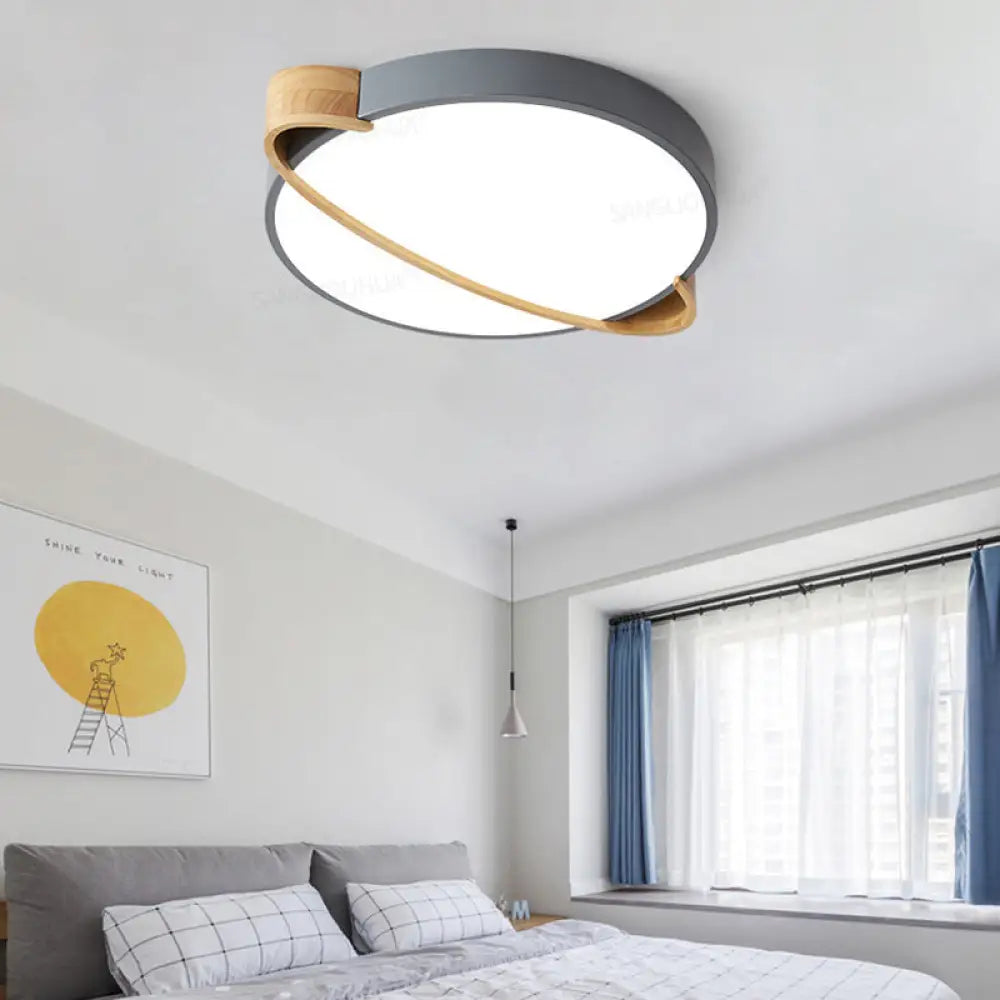 Nordic Acrylic Ceiling Mount Lamp With Led Flushmount Lighting In White/Green/Grey Oval Wood Insert