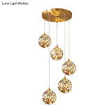 Nordic Amber Glass Led Pendant Lamp With Brass Finish And Starry Design For Bedroom