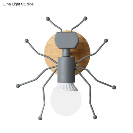 Nordic Ant Metal Sconce With Wood Backplate Wall Light - Grey/White/Green