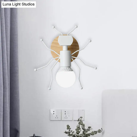 Nordic Ant Metal Sconce With Wood Backplate Wall Light - Grey/White/Green