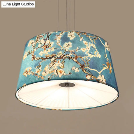 Nordic Apricot Design Drum Chandelier - 4 Light Pendant For Living Room In White/Blue/Beige Fabric
