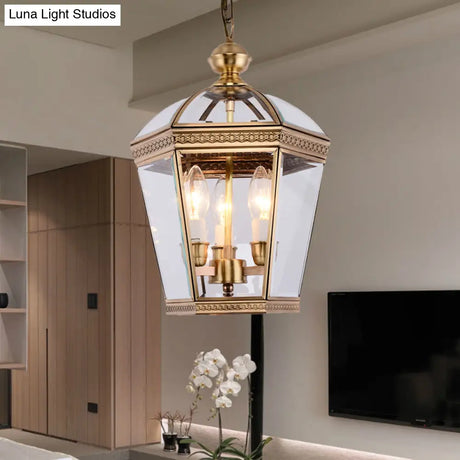 Nordic Clear Glass Chandelier Lamp With Brass Tapered Design - 3 Bulbs Ceiling Light For Living Room