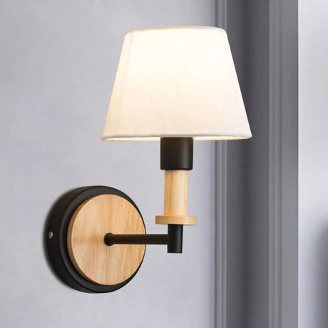 Nordic Conical Fabric Wall Mount Light With Right Angled Arm - 1-Bulb Black/White Lamp White/Beige