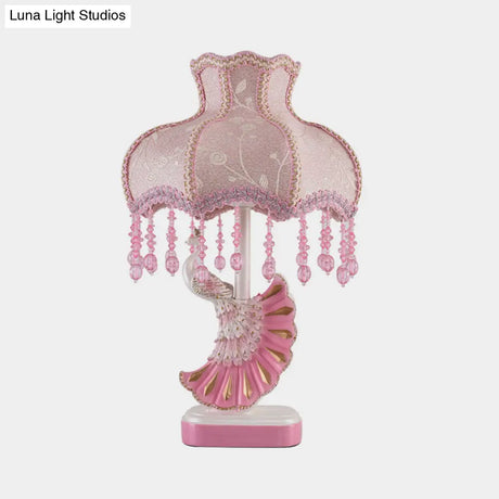 Nordic Fabric Dome Table Lamp - Pink/Blue Reading Book Light With Fringe And Peacock Deco