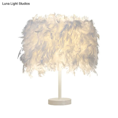 Nordic Feather Cylinder Nightstand Lamp - Elegant 1 Bulb Table Light For Bedroom With White/Chrome