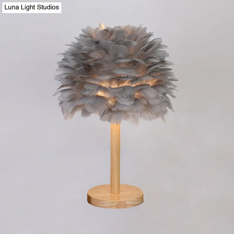 Nordic Feather Dome Nightstand Light - Pink/White/Grey With Wood Pole
