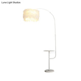 Nordic Feather Standing Lamp: Drum-Shaped 1-Bulb Gooseneck Floor Light Black/White - With/Without