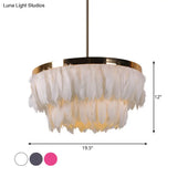 Nordic Feather Tiered Chandelier - 16/19.5 W 3 Bulbs Grey/White/Red Pendant Light For Bedroom